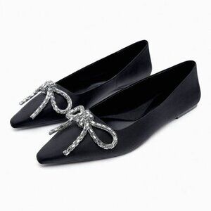 ZARA EMBELLISHED BOW BALLET FLATS BLACK SIZE| 2577/010
